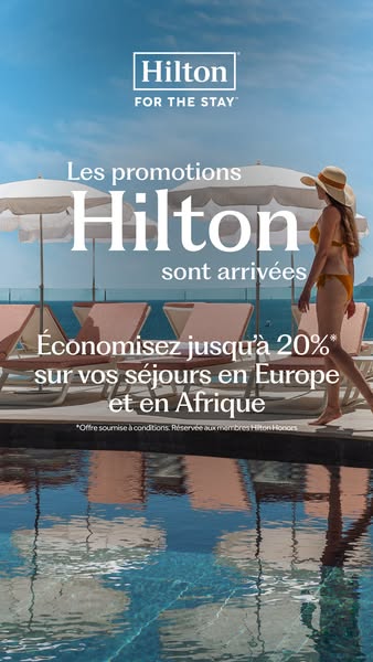 This image ad by Hilton promotes a discount of up to 20% on stays in Europe and Africa for Hilton Honors members, subjec