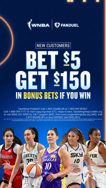 This ad from Fanduel promotes the opportunity for new customers to bet $5 and get $150 in bonus bets if they win, alongs