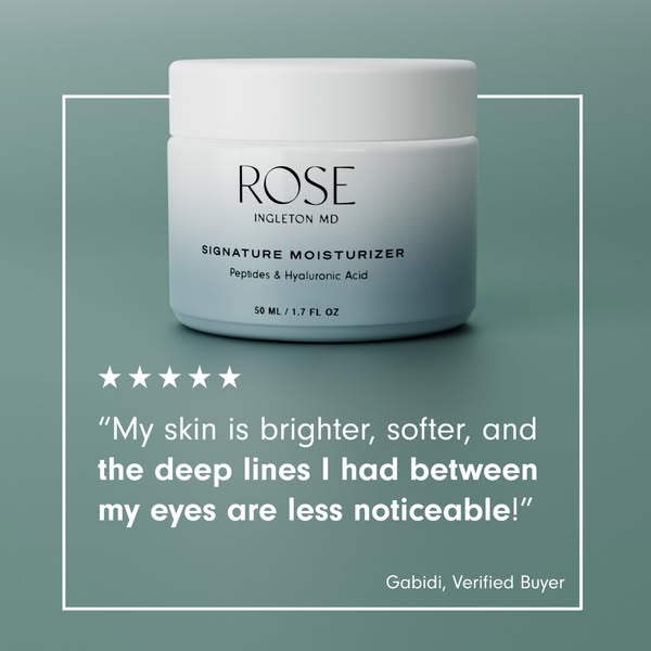 This image ad features a customer testimonial about Rose Ingleton MD Signature Moisturizer. The ad uses a photo of the p