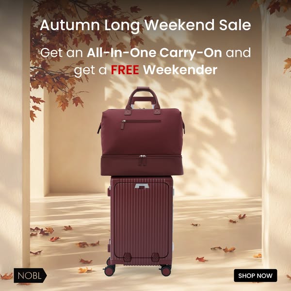 This ad showcases Nobl's all-in-one carry-on luggage and promotes a limited-time offer of a free weekender bag with 