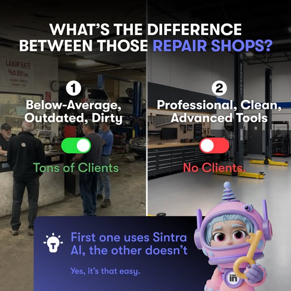 This ad compares two repair shops, one depicted as below-average, outdated, and dirty with many clients, and the other a