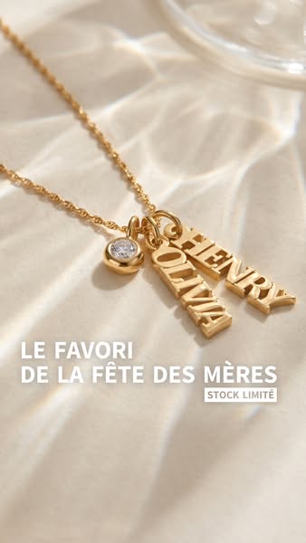 This ad is for personalized nameplate necklaces and uses a simple product-focused visual, along with a holiday-themed he