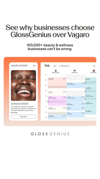 This ad compares GlossGenius and Vagaro by visually showing the interfaces of the two platforms.