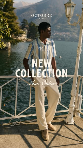 A vertical image ad displays a person standing on a stone balcony in front of a lake, promoting Octobre Editions new col