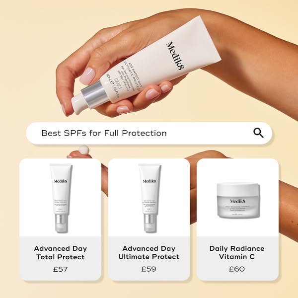This ad showcases Medik8's skincare products, particularly their sunscreens, and positions them as essential for ful
