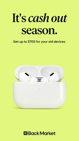This image ad for Back Market promotes the opportunity to sell old devices for up to $700. The ad features a pair of whi