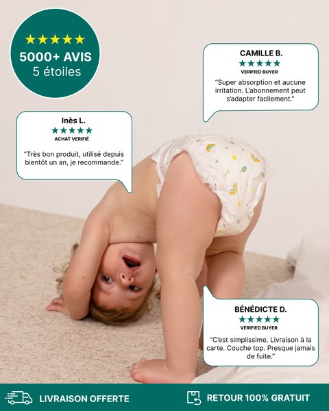 This ad features a baby wearing a diaper and testimonials from verified buyers. The ad also highlights free delivery and