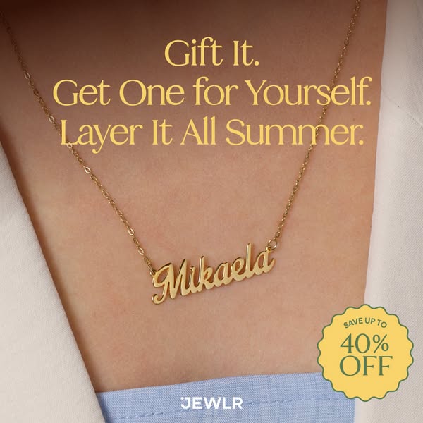 The ad showcases a personalized nameplate necklace with a discount offer, promoting it as a gift or a personal purchase 