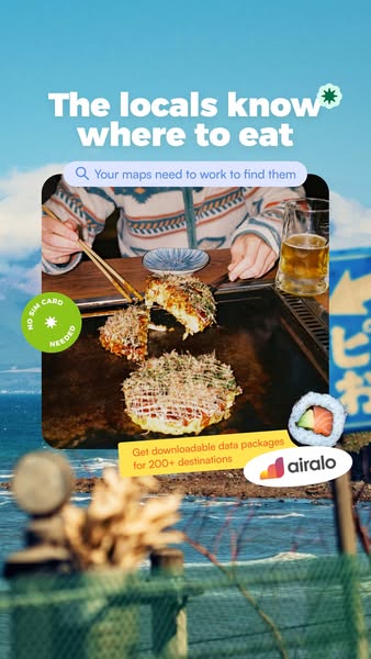 This image ad is for Airalo and features a photo of a restaurant meal, accompanied by text encouraging travelers to use 
