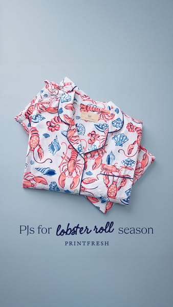 This Printfresh ad features a pair of pajamas with a lobster and seashell pattern laid against a solid background. The a