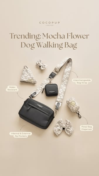 This ad showcases the Cocopup London Mocha Flower Dog Walking Bag, emphasizing its stylish design and practical features