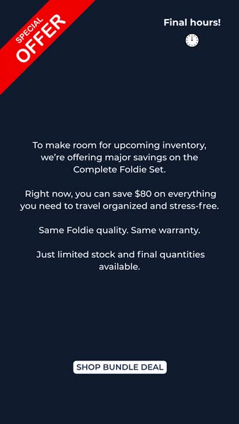 The ad promotes a sale of the Complete Foldie Set. It states that the sale is to make room for upcoming inventory, and h
