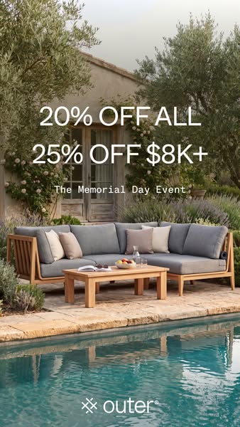 This image ad for Outer furniture features a sectional sofa and coffee table next to a pool with copy advertising a Memo