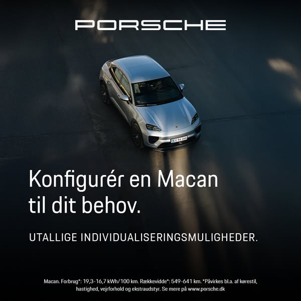 This ad for Porsche shows a silver Macan SUV in an overhead shot. The ad highlights the ability to configure the Macan t