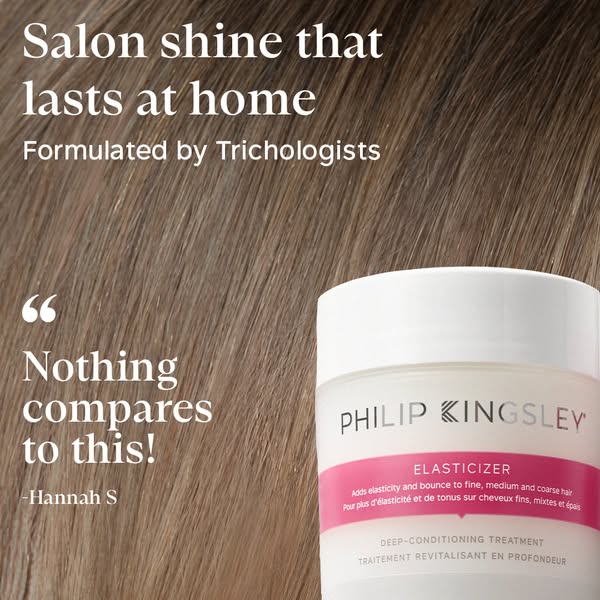 This ad for Philip Kingsley promotes its Elasticizer Deep-Conditioning Treatment for hair. The ad uses a testimonial and