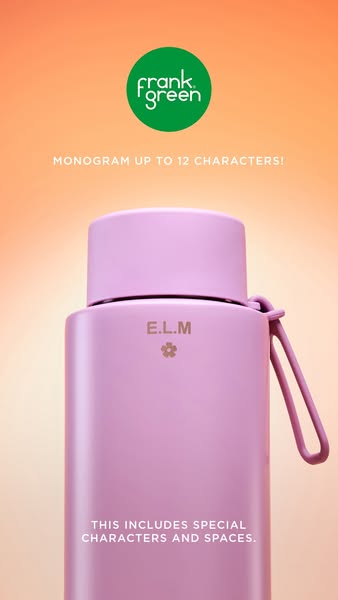 This ad showcases a pink Frank Green water bottle with a monogram, highlighting the option for personalization with up t