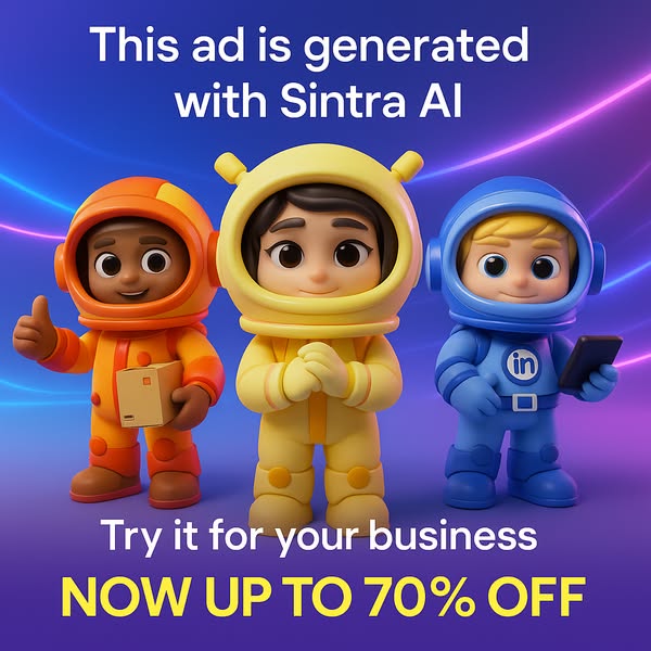 This image ad promotes Sintra AI with the tagline "Try it for your business", offering up to 70% off. The visu