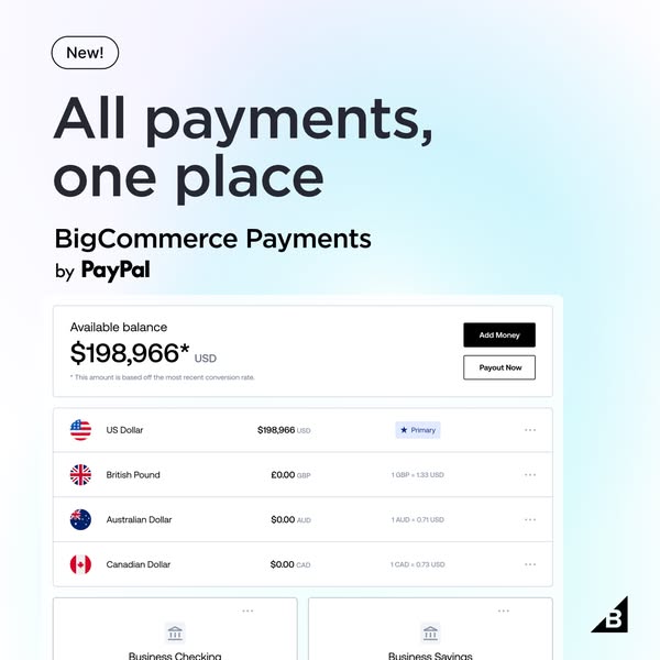 This ad promotes BigCommerce Payments by PayPal, highlighting its ability to manage all payments in one place. It featur