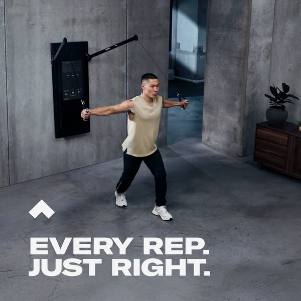 This ad showcases a wall-mounted home gym system. It uses the product's functional design and ease of use as a high-