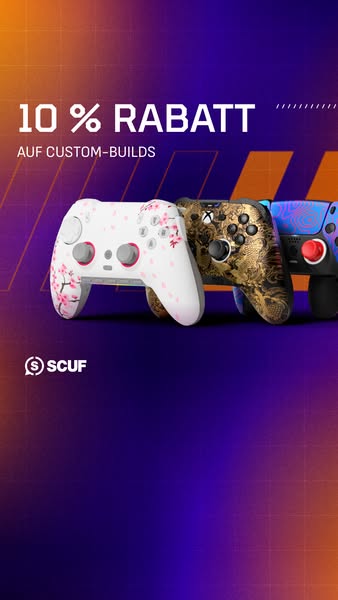 This ad for SCUF Gaming promotes a discount on custom-built controllers. The ad features three different custom designs,