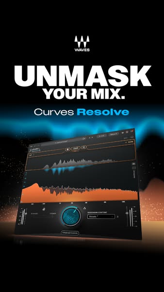 Ad for Waves Curves Resolve plugin that unmasks the mix. Curves Resolve is a plug-in that automatically finds the optima