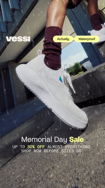 This ad promotes the Vessi brand of waterproof shoes. The ad highlights a Memorial Day Sale, offering up to 30% off almo