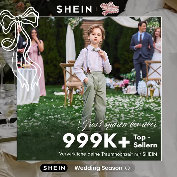 This image ad promotes Shein's wedding season collection. The ad features a young boy dressed in formal attire, set 