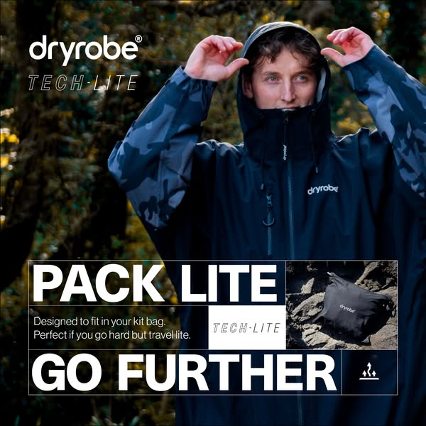 This image ad showcases the Dryrobe Tech-Lite, emphasizing its packable design and suitability for travelers who engage
