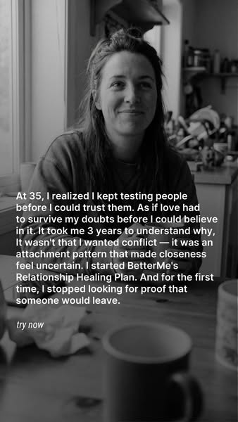 A grayscale image of a woman looking at the camera is shown with the text overlay of a testimonial, advertising BetterMe