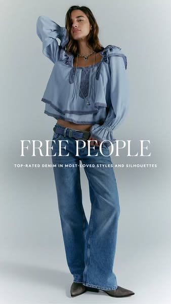 This ad showcases Free People's top-rated denim in most-loved styles and silhouettes. The ad features a model wearin