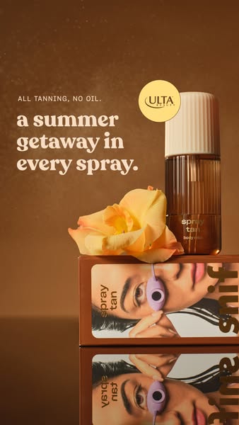 Ad for Ulta spray tan product showcasing the product, packaging and the text: "ALL TANNING, NO OIL. a summer getawa
