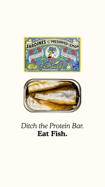 An image ad suggesting viewers switch from protein bars to Fishwife brand sardines with preserved lemon.