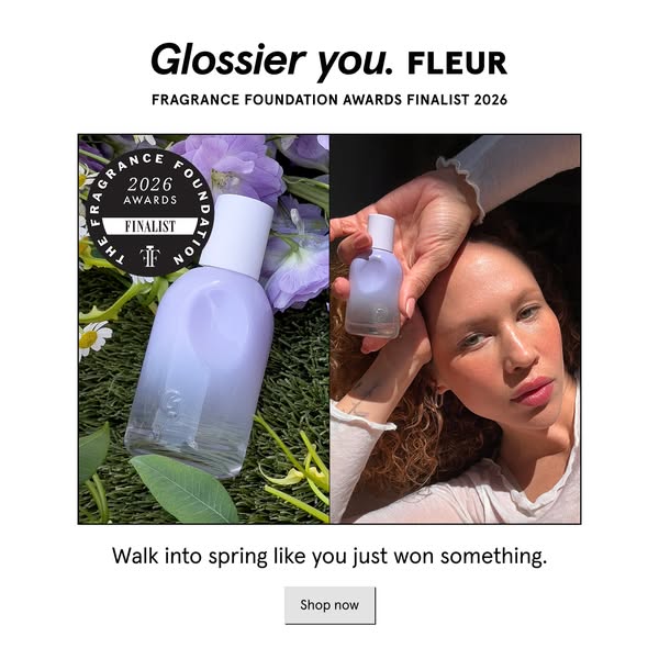 This image ad showcases Glossier You Fleur fragrance, highlighting its award as a Fragrance Foundation Awards Finalist i