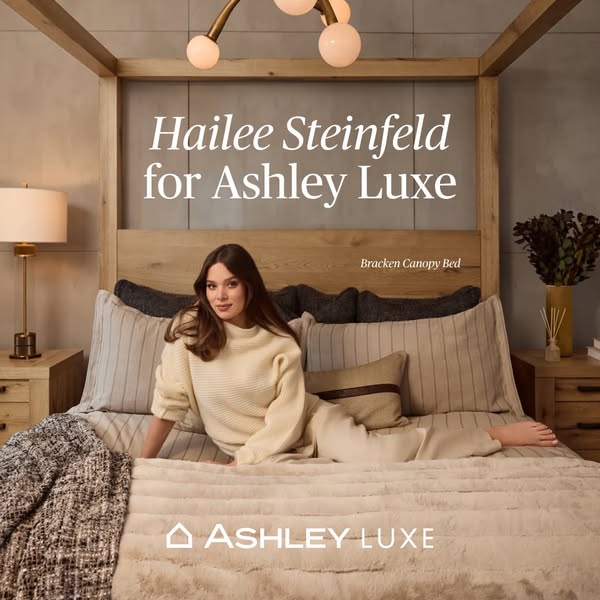 This ad showcases the Bracken Canopy Bed from Ashley Luxe, featuring celebrity Hailee Steinfeld. The image focuses on th