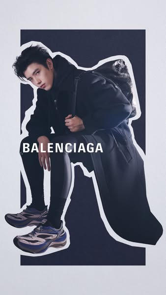 An image ad featuring an Asian man wearing Balenciaga clothing and sneakers. The Balenciaga logo is prominently featured
