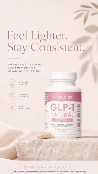 Image ad for SkinnyFit GLP-1 Natural slimming probiotic capsules, promoting appetite control, metabolism boost, and heal
