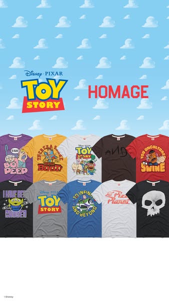 The image is advertising Homage brand shirts with designs based on the Toy Story movie franchise.