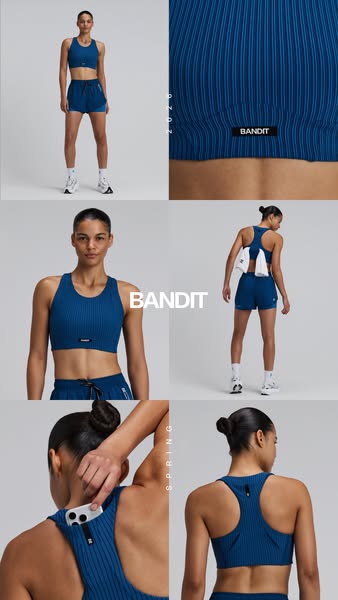 This ad showcases an athletic set in a six-panel grid to highlight different aspects of the outfit and its features, lik
