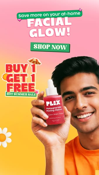 An ad for PLIX pomegranate peeling potion offering a buy one get one free deal. The ad shows a person holding the produc