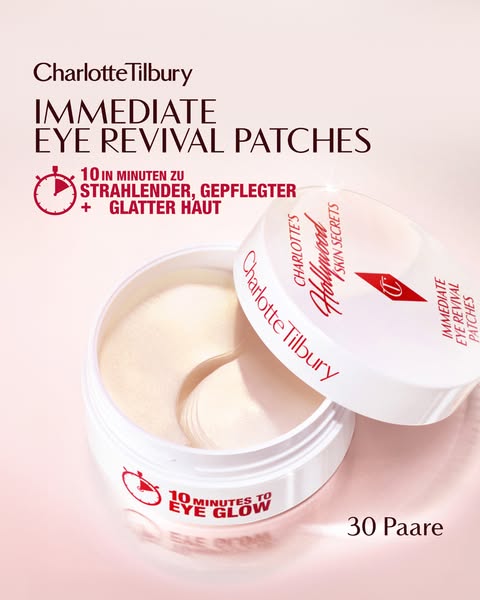 This ad features Charlotte Tilbury's Immediate Eye Revival Patches. The image showcases the product in its packaging