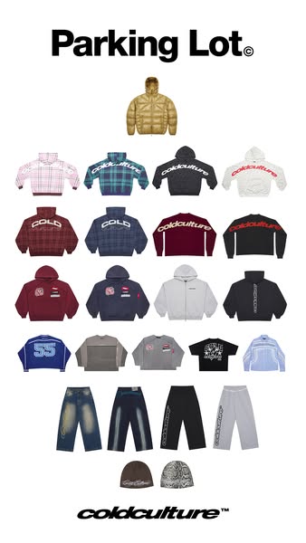 This image ad showcases a variety of clothing items and accessories from the brand Coldculture, arranged in a grid forma