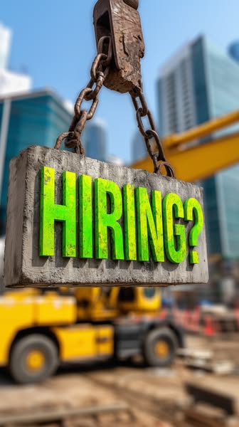 This ad uses a construction site visual with a crane lifting a concrete block with the word "HIRING?" on it to