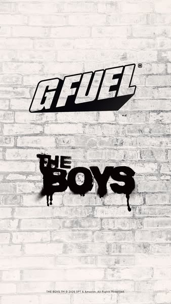 This image promotes a partnership between G FUEL and The Boys. It features both logos against a brick wall background, c