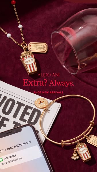 This image ad for ALEX+ANI jewelry features a necklace and bracelet with a movie theme, highlighted by a popcorn charm a