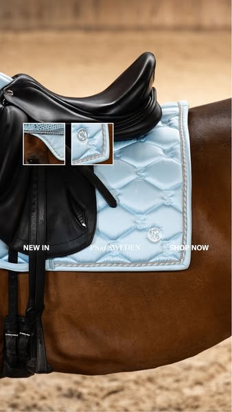 This image showcases a brand new blue PS of Sweden saddle pad on a horse. The ad emphasizes the brand name, and includes