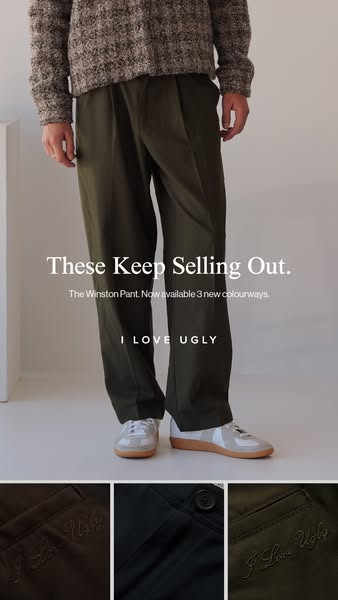 This image ad features a pair of men's dress pants, promoting their new colorways. The ad aims to generate interest 