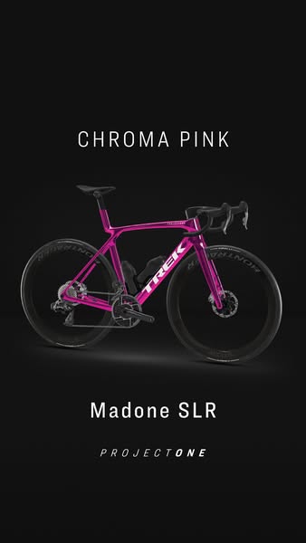 This ad features the Trek Madone SLR road bike in a Chroma Pink colorway, highlighting its design and aesthetic appeal.