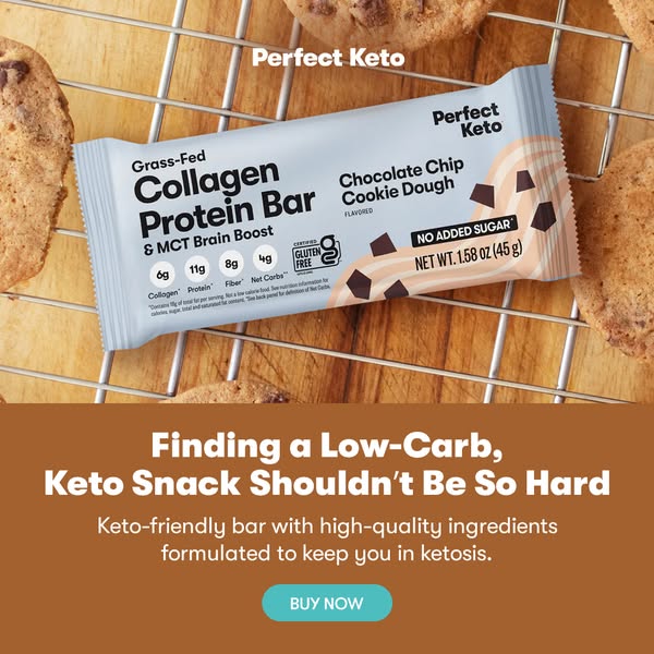 This ad promotes Perfect Keto's Chocolate Chip Cookie Dough Collagen Protein Bar as a low-carb, keto-friendly snack 