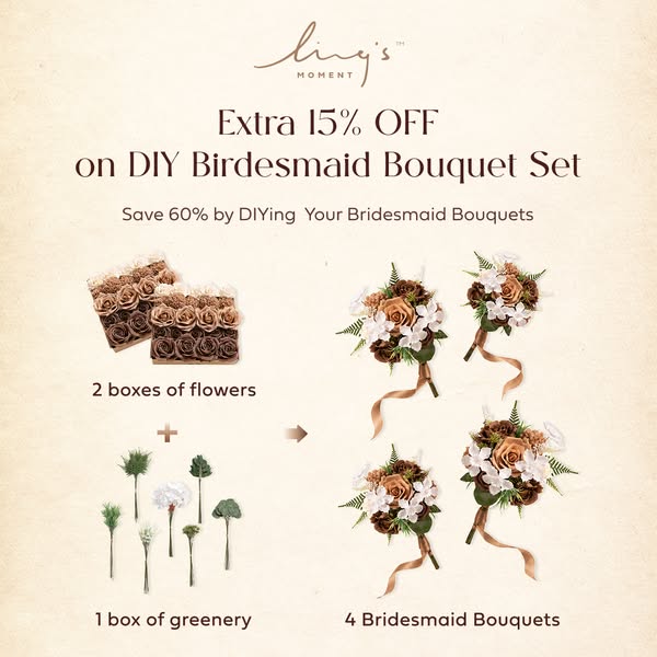 This ad promotes a DIY bridesmaid bouquet set from Ling's Moment, offering a discount on the set and highlighting th