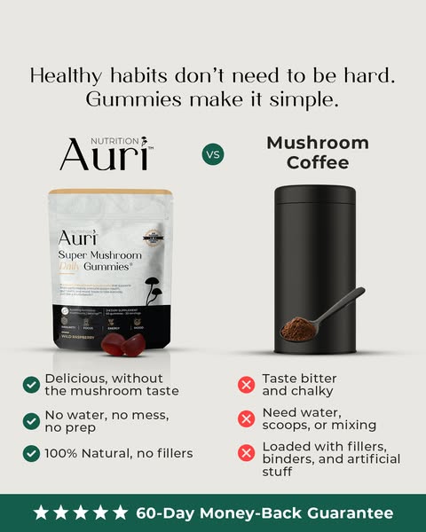 This ad compares Auri super mushroom daily gummies and mushroom coffee. It positions Auri gummies as a simple way to add